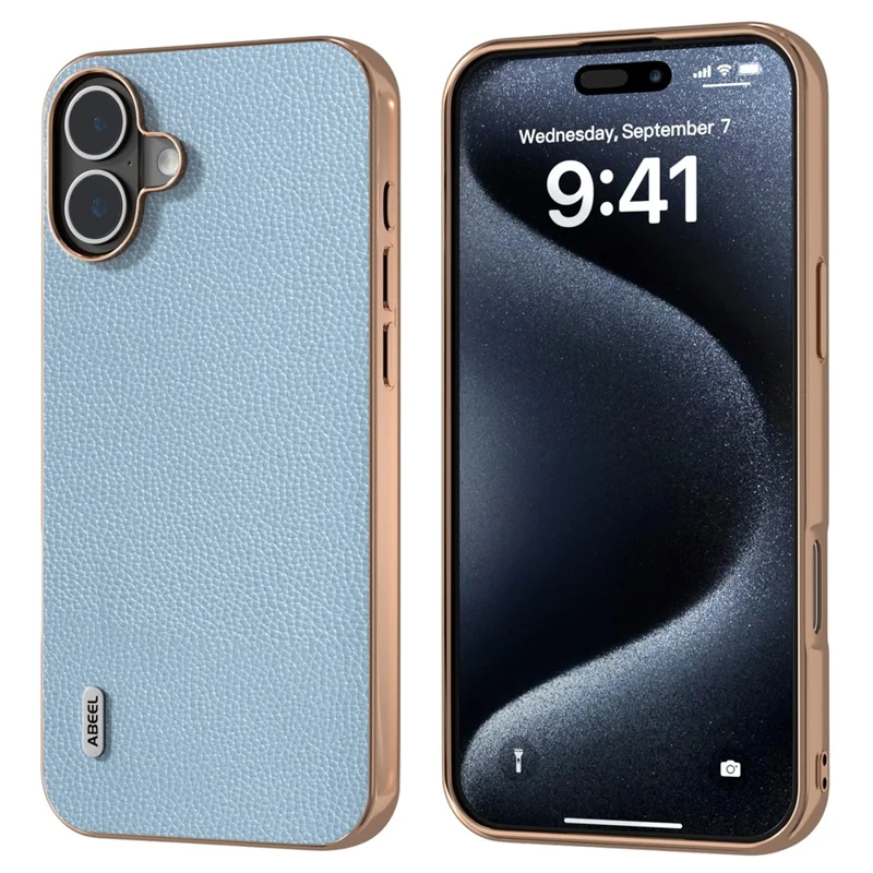 ABEEL For iPhone 16 Plus Case Genuine Cow Leather+PC+TPU Electroplating Phone Cover - Baby Blue