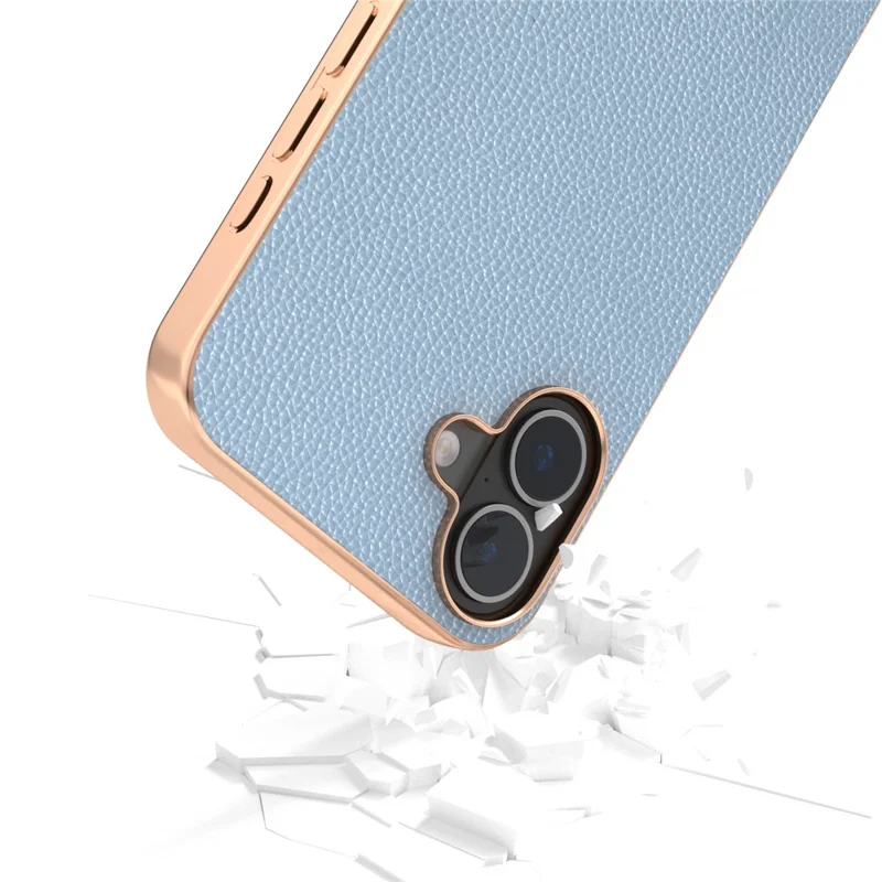 ABEEL For iPhone 16 Plus Case Genuine Cow Leather+PC+TPU Electroplating Phone Cover - Baby Blue