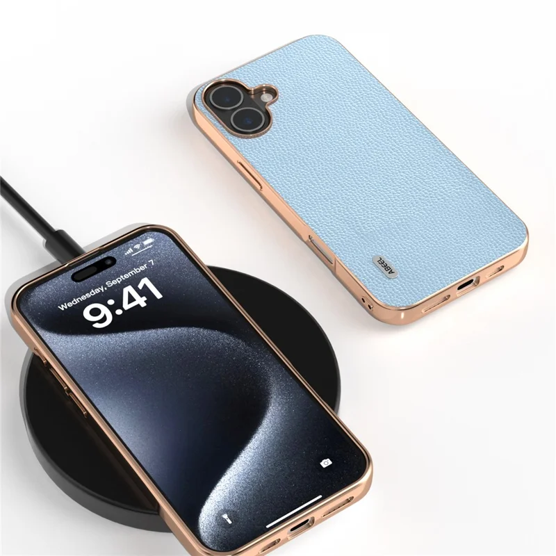 ABEEL For iPhone 16 Plus Case Genuine Cow Leather+PC+TPU Electroplating Phone Cover - Baby Blue
