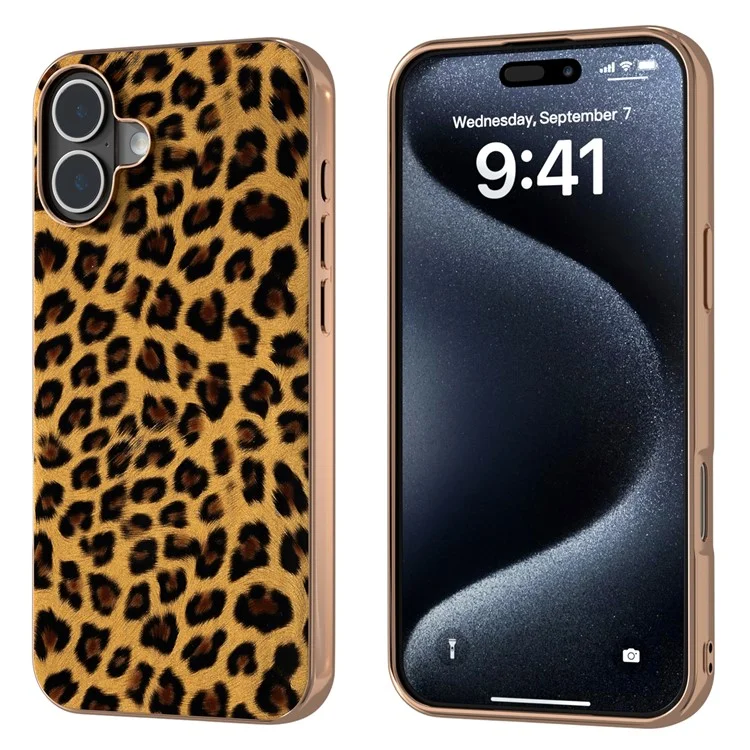 Para Iphone 16 Case Eletroplicar o Padrão de Leopardo PU+TPU Tampa - Ouro