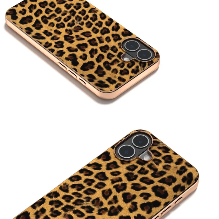Para Iphone 16 Case Eletroplicar o Padrão de Leopardo PU+TPU Tampa - Ouro
