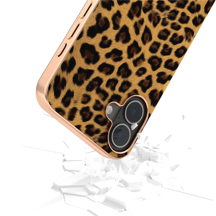 Para Iphone 16 Plus Case Eletroplicar o Padrão de Leopardo PU+TPU Tampa - Ouro