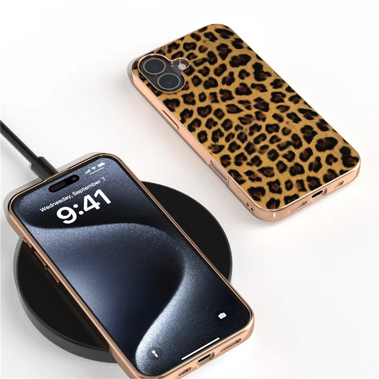 Para Iphone 16 Plus Case Eletroplicar o Padrão de Leopardo PU+TPU Tampa - Ouro