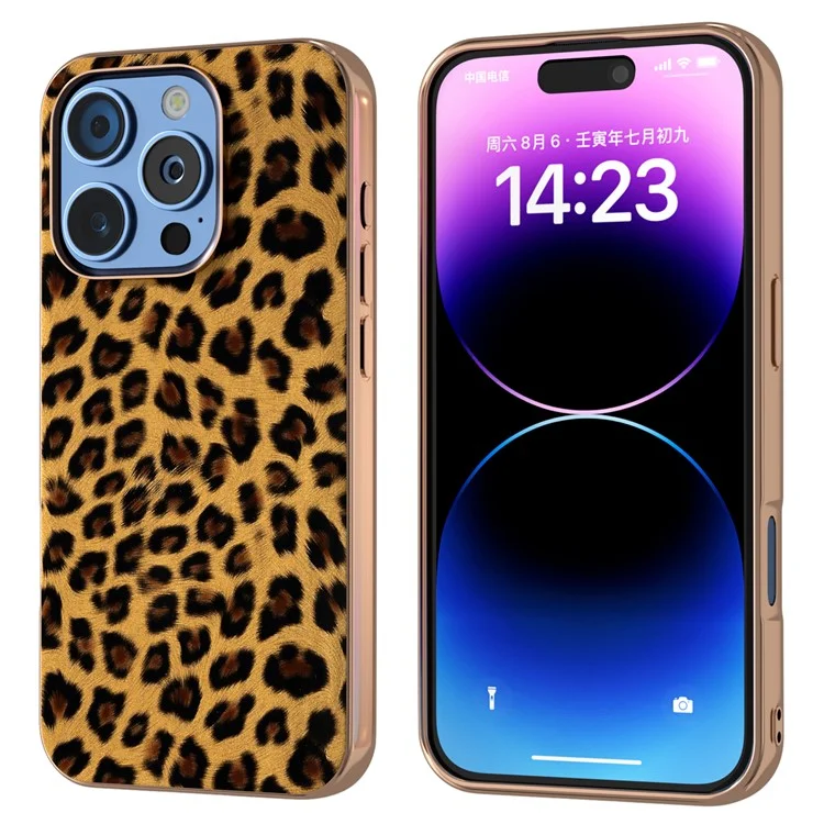 Para Iphone 16 Pro Max Case Electroplating Leopard Pattern PU+TPU Telephip Cover - Oro