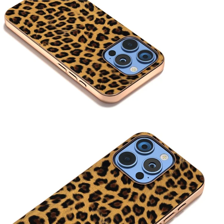 Para Iphone 16 Pro Max Case Electroplating Leopard Pattern PU+TPU Telephip Cover - Oro