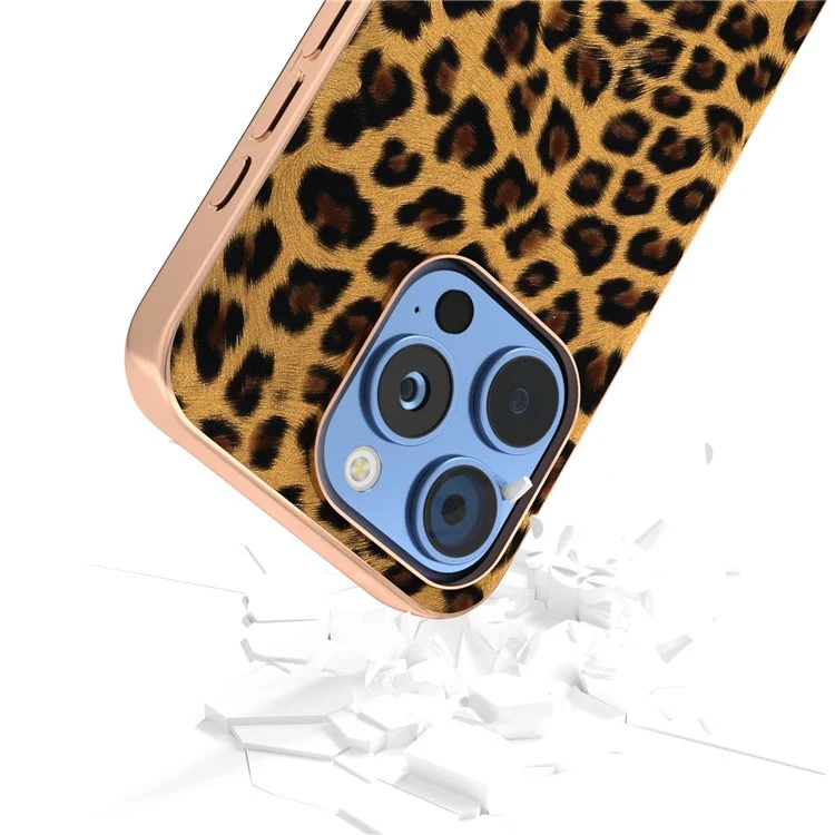 Para Iphone 16 Pro Max Case Electroplating Leopard Pattern PU+TPU Telephip Cover - Oro