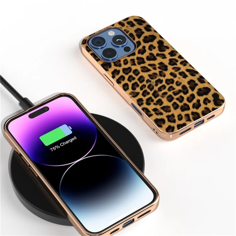 Para Iphone 16 Pro Max Case Electroplating Leopard Pattern PU+TPU Telephip Cover - Oro