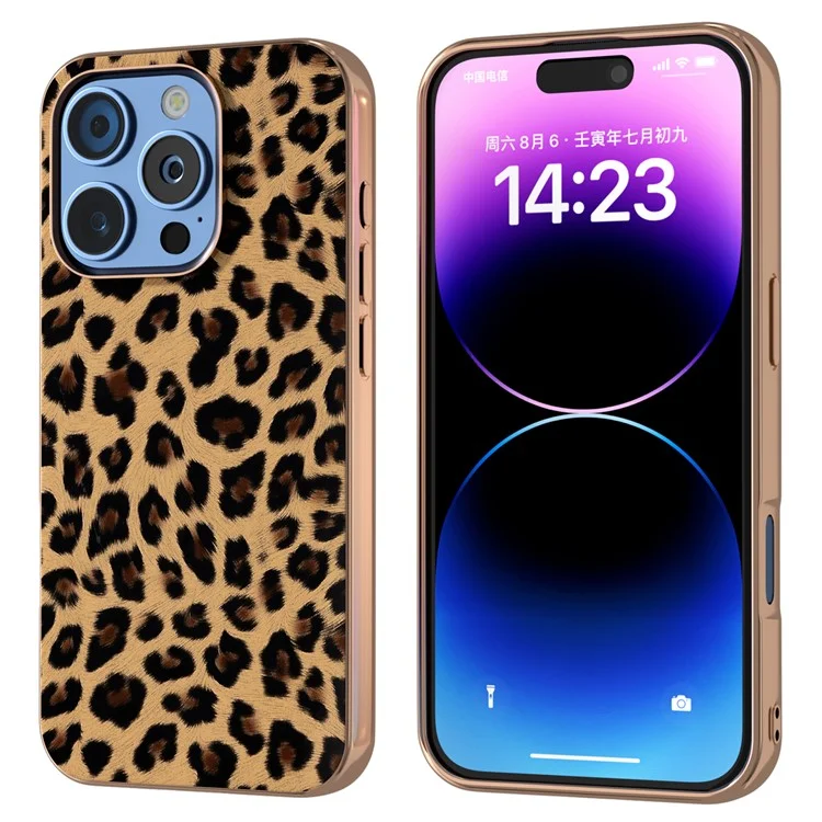 Para Iphone 16 Pro Max Case Electroplating Leopard Pattern PU+TPU Telephip Cover - Oro de Champán