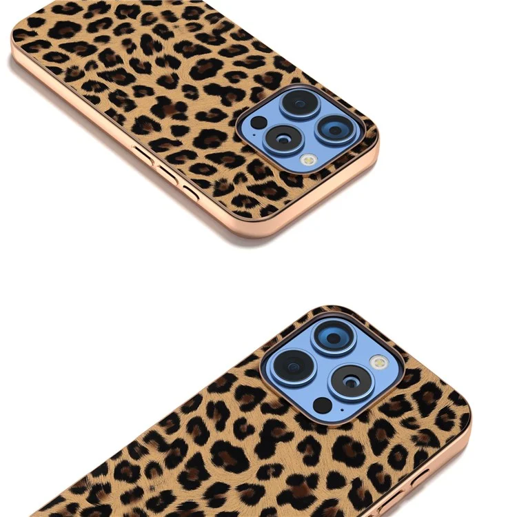 Para Iphone 16 Pro Max Case Electroplating Leopard Pattern PU+TPU Telephip Cover - Oro de Champán