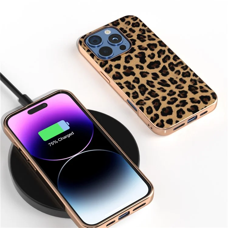 Para Iphone 16 Pro Max Case Electroplating Leopard Pattern PU+TPU Telephip Cover - Oro de Champán