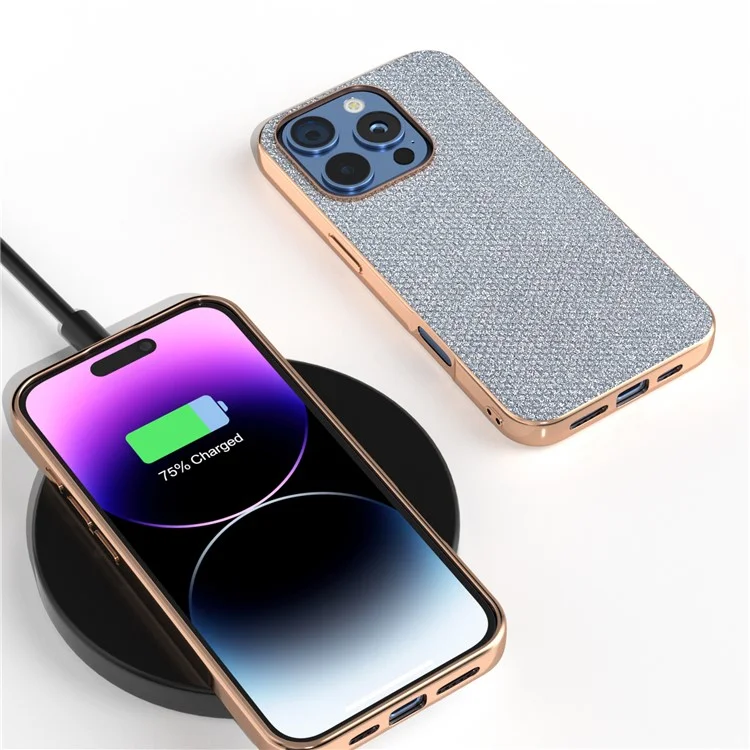 Para Iphone 16 Pro Max Case Textura Rinestono PU+TPU Teple Del Teléfono Bordamiento de Electroplation - Gris