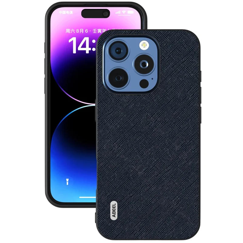 ABEEL For iPhone 16 Pro Max Case Cross Texture Genuine Cow Leather Hybrid Phone Case - Blue