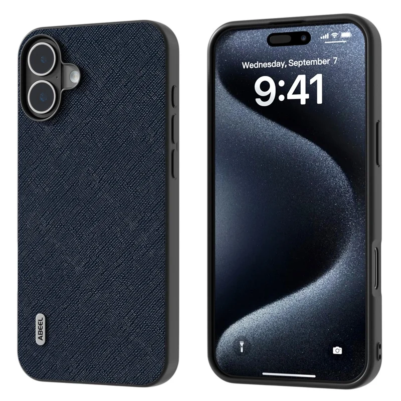 ABEEL For iPhone 16 Plus Case Cross Texture Genuine Cow Leather Hybrid Phone Case - Blue