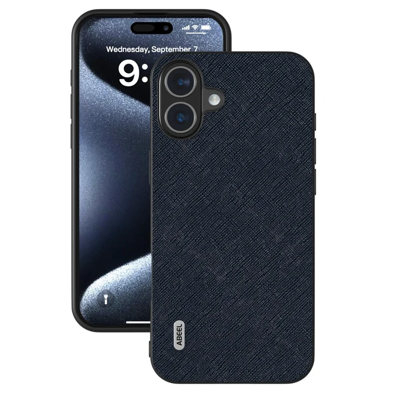 ABEEL For iPhone 16 Plus Case Cross Texture Genuine Cow Leather Hybrid Phone Case - Blue