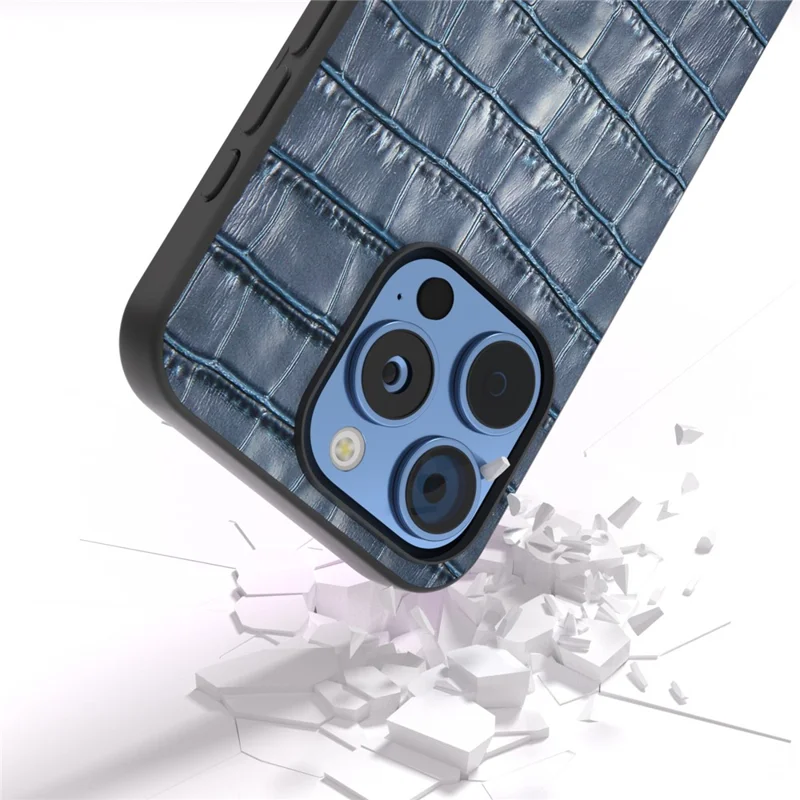 ABEEL For iPhone 16 Pro Max Cases Genuine Cow Leather+PC+TPU Drop-Proof Cell Phone Cover - Blue