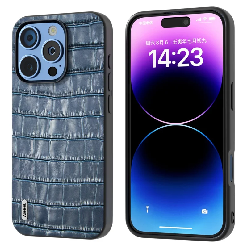 ABEEL For iPhone 16 Pro Cases Genuine Cow Leather+PC+TPU Drop-Proof Cell Phone Cover - Blue