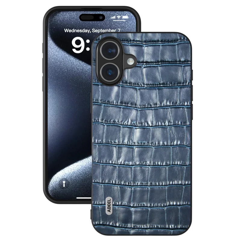 ABEEL For iPhone 16 Cases Genuine Cow Leather+PC+TPU Drop-Proof Cell Phone Cover - Blue