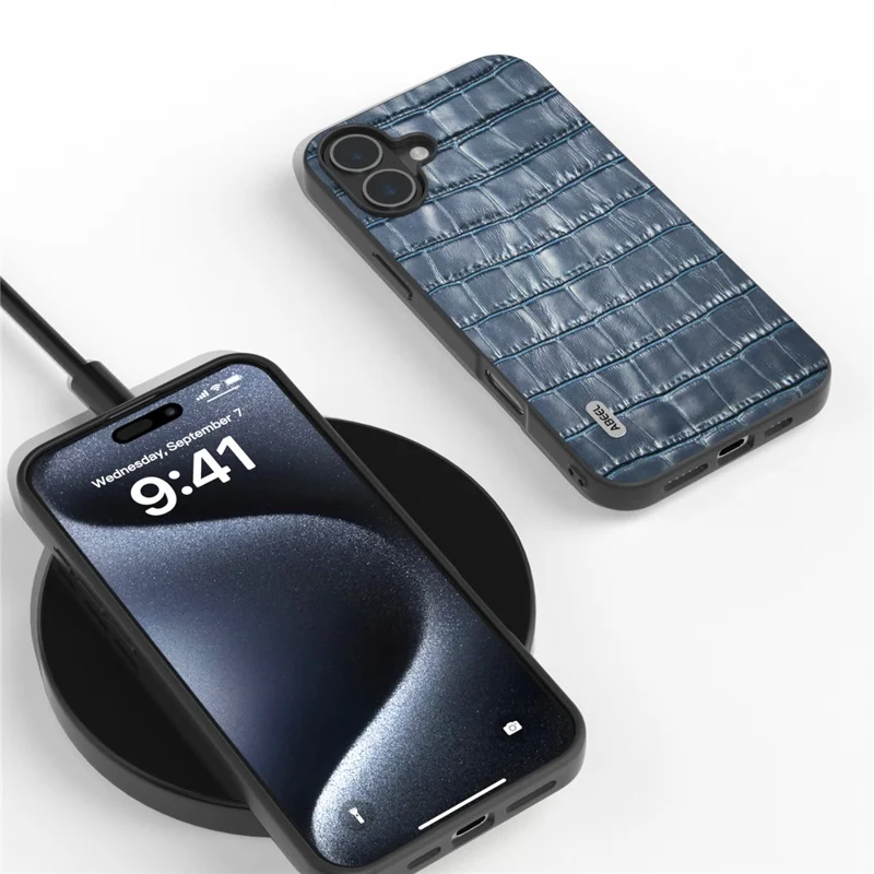 ABEEL For iPhone 16 Cases Genuine Cow Leather+PC+TPU Drop-Proof Cell Phone Cover - Blue