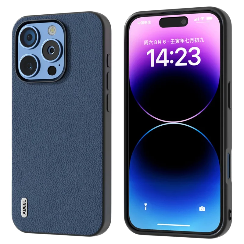 ABEEL For iPhone 16 Pro Max Cases Genuine Cow Leather+PC+TPU Phone Cover - Blue