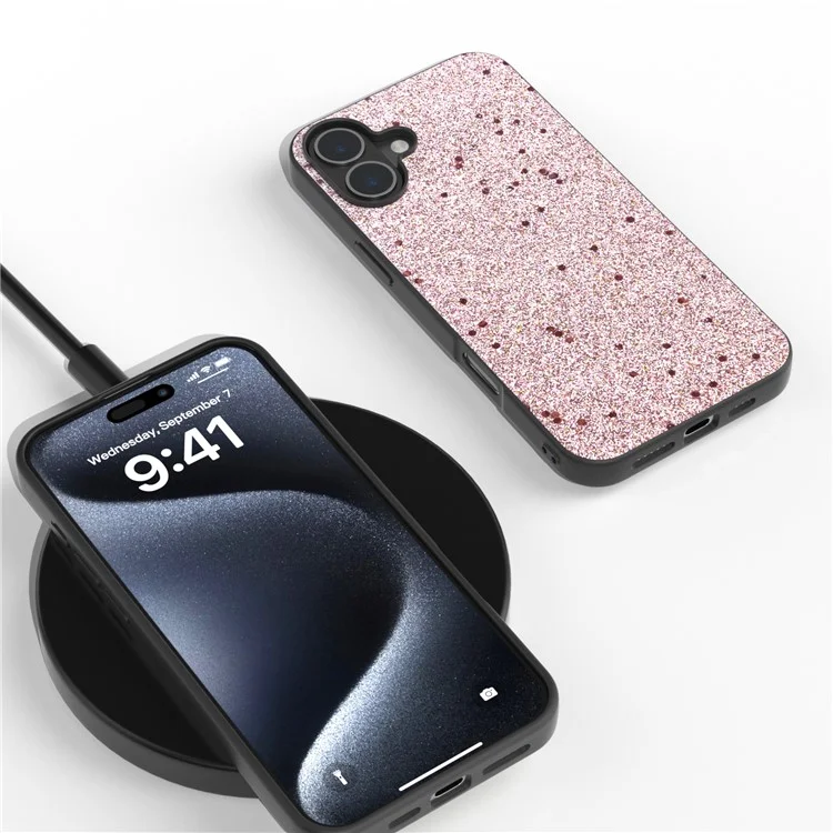 Für Iphone 16 Plus Case Glitter Design PU+PC+TPU Protective Phone Cover - Rosa
