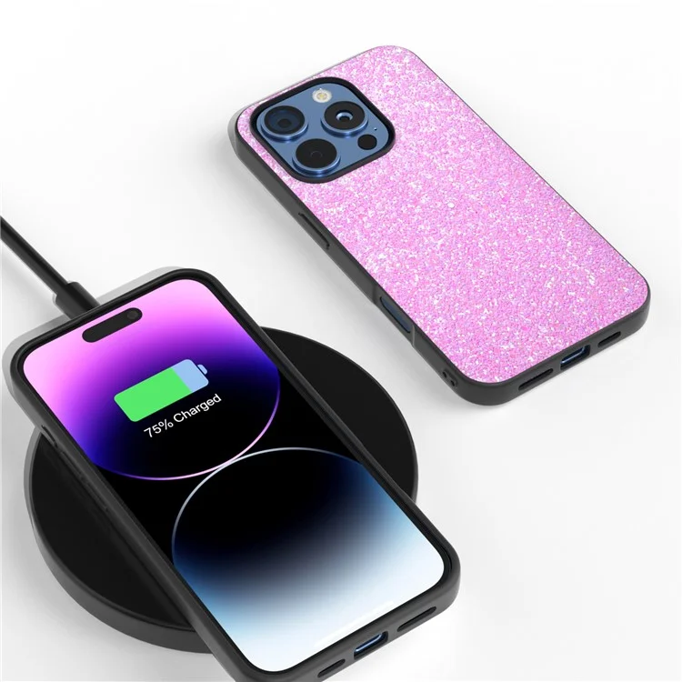 For iPhone 16 Pro Max Case Glitter PU Covered PC+TPU Phone Shell - Rose