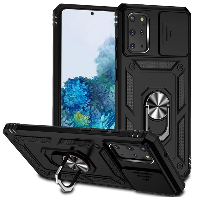 Para Samsung Galaxy S20 Plus 4G / 5G Funda de teléfono de PC duro + TPU blando con soporte de anillo de metal y protección deslizante de la cámara - Negro