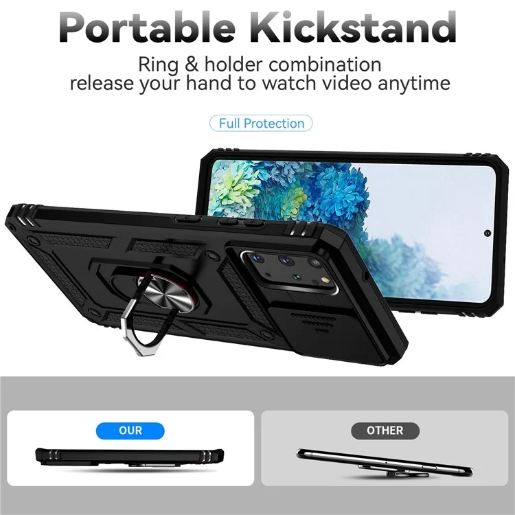 Para Samsung Galaxy S20 Plus 4G / 5G Funda de teléfono de PC duro + TPU blando con soporte de anillo de metal y protección deslizante de la cámara - Negro