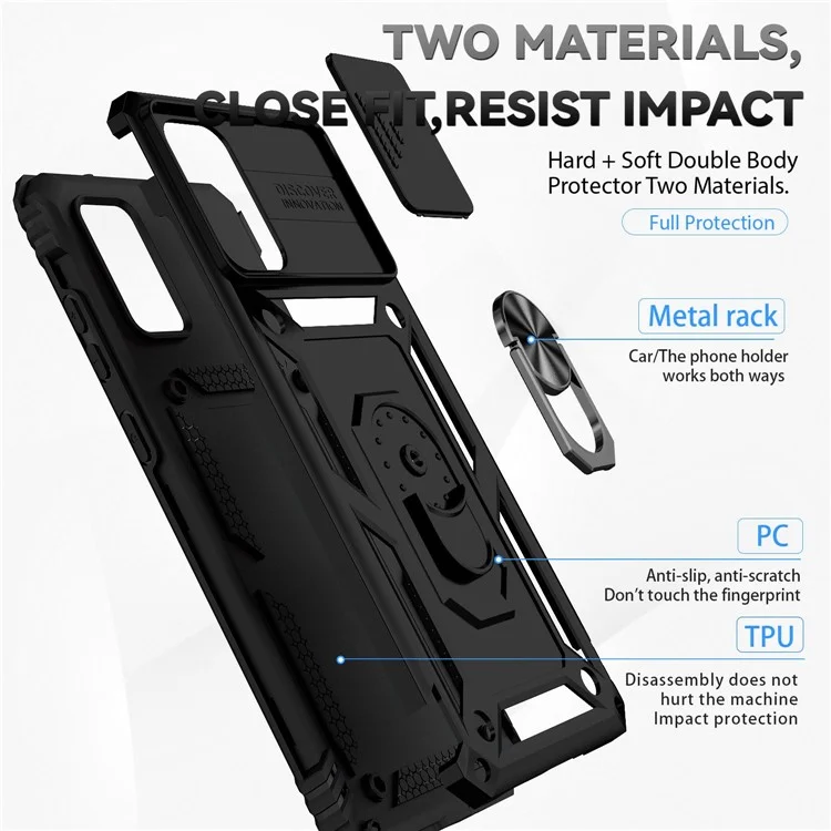 Para Samsung Galaxy S20 Plus 4G / 5G Funda de teléfono de PC duro + TPU blando con soporte de anillo de metal y protección deslizante de la cámara - Negro