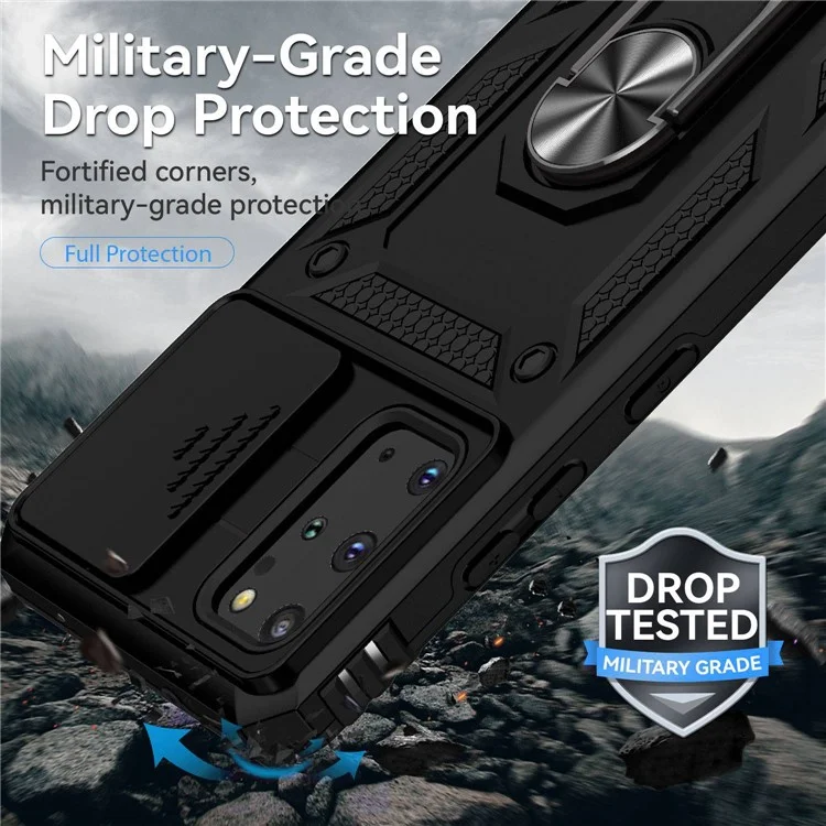 Para Samsung Galaxy S20 Plus 4G / 5G Funda de teléfono de PC duro + TPU blando con soporte de anillo de metal y protección deslizante de la cámara - Negro