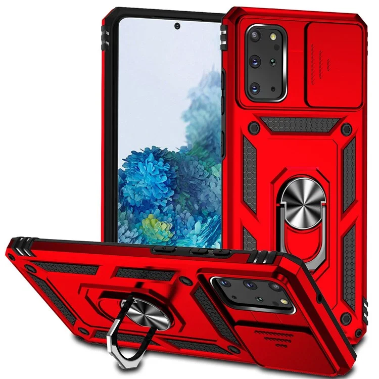 Per Samsung Galaxy S20 Plus 4G / 5G Custodia rigida in PC + TPU morbido con supporto ad anello in metallo e protezione scorrevole per la fotocamera - Rosso