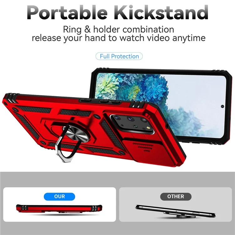 Per Samsung Galaxy S20 Plus 4G / 5G Custodia rigida in PC + TPU morbido con supporto ad anello in metallo e protezione scorrevole per la fotocamera - Rosso