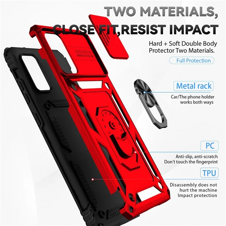 Per Samsung Galaxy S20 Plus 4G / 5G Custodia rigida in PC + TPU morbido con supporto ad anello in metallo e protezione scorrevole per la fotocamera - Rosso