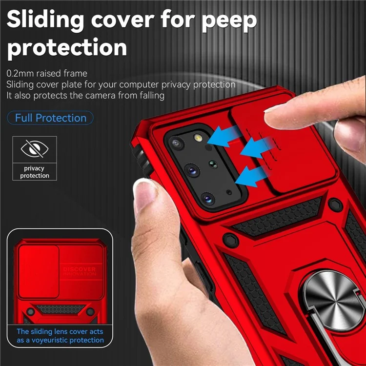 Per Samsung Galaxy S20 Plus 4G / 5G Custodia rigida in PC + TPU morbido con supporto ad anello in metallo e protezione scorrevole per la fotocamera - Rosso