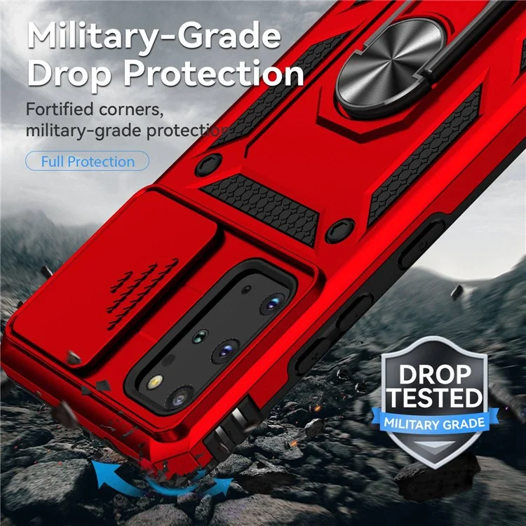 Per Samsung Galaxy S20 Plus 4G / 5G Custodia rigida in PC + TPU morbido con supporto ad anello in metallo e protezione scorrevole per la fotocamera - Rosso