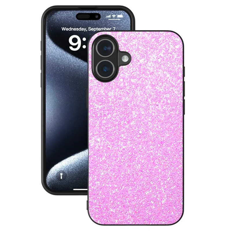 For iPhone 16 Case Glitter PU Covered PC+TPU Phone Shell - Rose