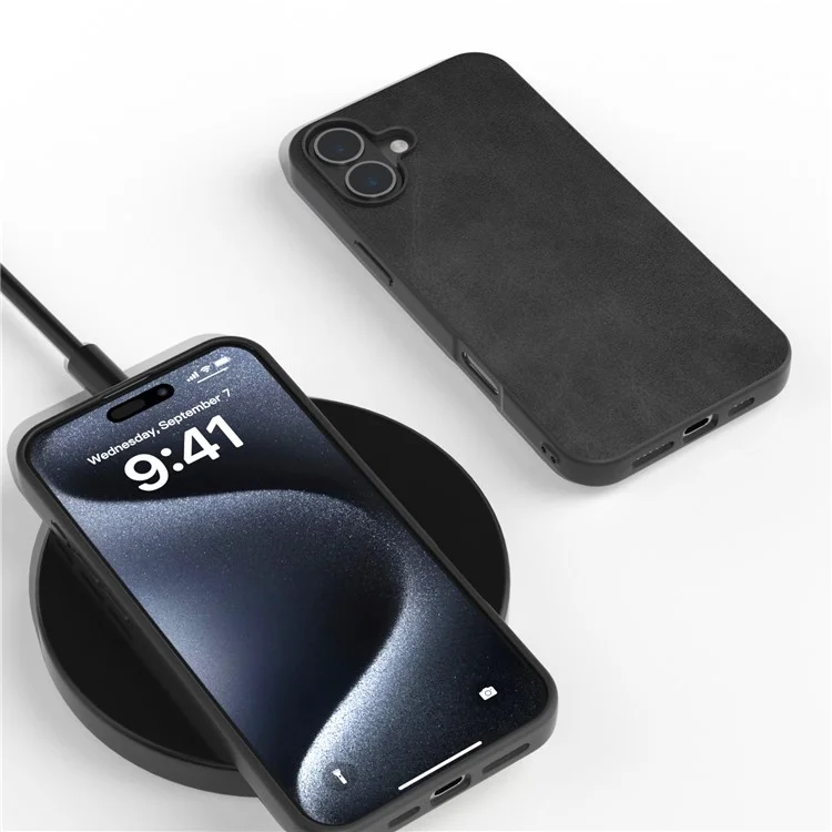 Для Iphone 16 Case Texture Texture PU+TPU+PC Protective Phone Copp - Черный