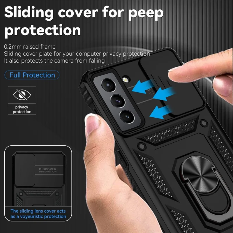 Étui de protection en métal avec support de bague pour Samsung Galaxy S21 4G / 5G, coque de téléphone en PC dur + TPU souple avec protection coulissante pour l'appareil photo - Noir