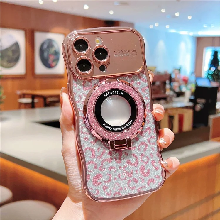 For iPhone 16 Pro Magnetic Case Curly Frame TPU Leopard Print Glitter Phone Cover Kickstand - Rose Pink