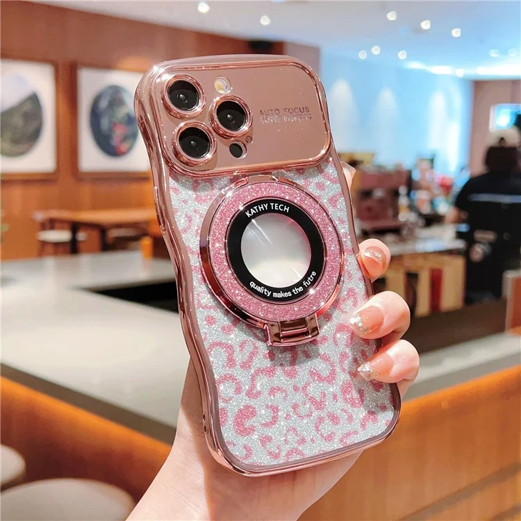 For iPhone 16 Pro Magnetic Case Curly Frame TPU Leopard Print Glitter Phone Cover Kickstand - Rose Pink