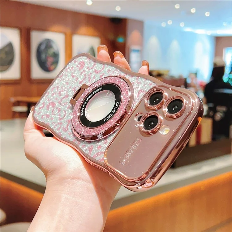 For iPhone 16 Pro Magnetic Case Curly Frame TPU Leopard Print Glitter Phone Cover Kickstand - Rose Pink