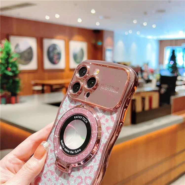 For iPhone 16 Pro Magnetic Case Curly Frame TPU Leopard Print Glitter Phone Cover Kickstand - Rose Pink