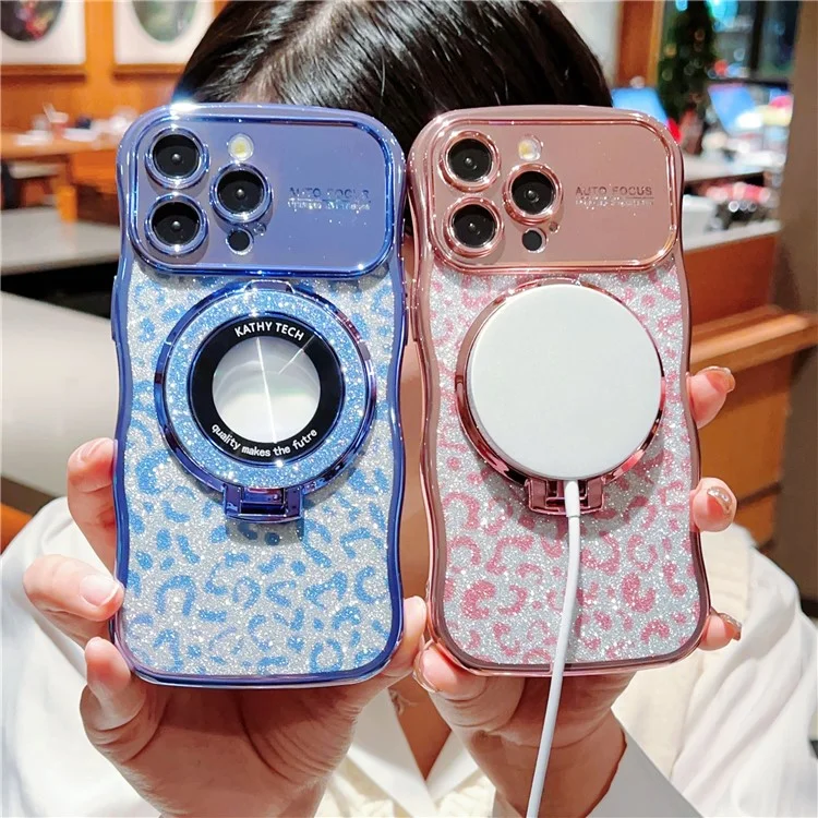 For iPhone 16 Pro Magnetic Case Curly Frame TPU Leopard Print Glitter Phone Cover Kickstand - Rose Pink