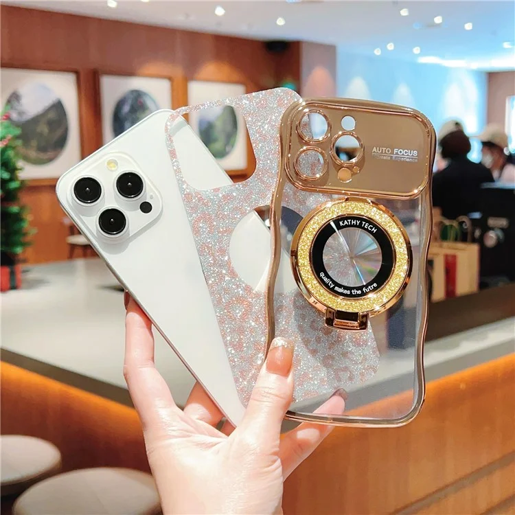 For iPhone 16 Pro Magnetic Case Curly Frame TPU Leopard Print Glitter Phone Cover Kickstand - Rose Pink