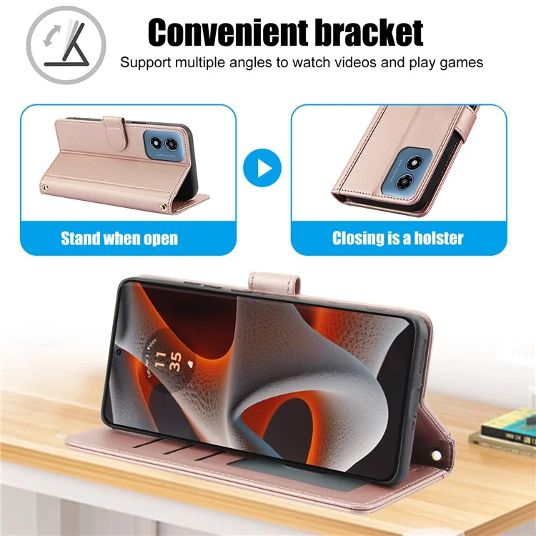 SY-003 Für Motorola Moto G 5G (2024) / Moto G Play 5G (2024) Hülle PU Leather Stand View Telefon Brieftaschenabdeckung Mit Handgurt - Rosa