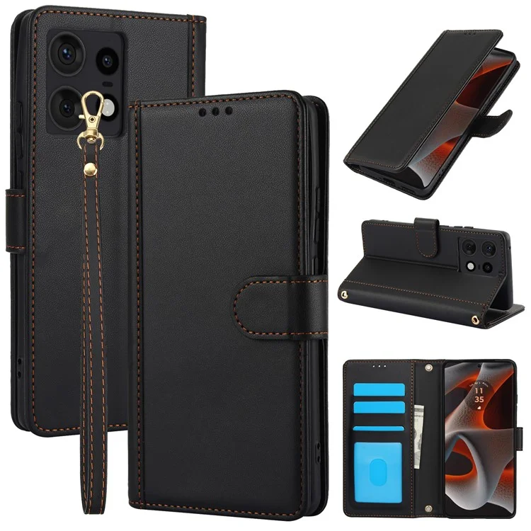 SY-003 Para Motorola Edge 50 Pro 5G Case PU PU Stand Vista Cubierta de Teléfono Con Correa de Mano - Negro