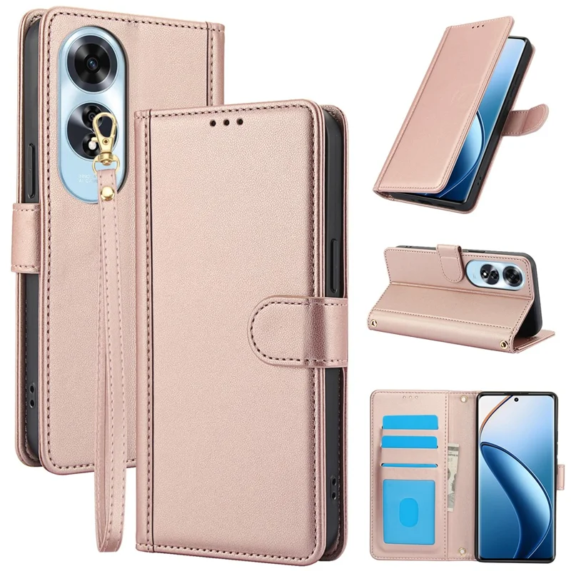 SY-003 Para Caso Oppo A60 4G Capa de couro PU Suporte Visualização Carteira do telefone com alça de mão - Rosa