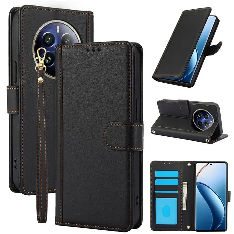SY-003 Per Realme 12 4G / 12+ 5G / Narzo 70 5G / Narzo 70 Pro 5G / P1 5G Case PU Coperchio Pelletto Pelle in pe Interno Con Canne Mani - Nero