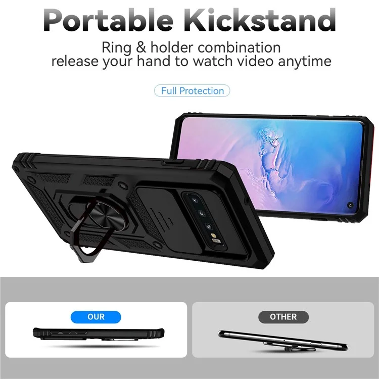 Custodia protettiva per fotocamera Slide per Samsung Galaxy S10 Plus, in PC + TPU antishock con supporto ad anello in metallo - Nero