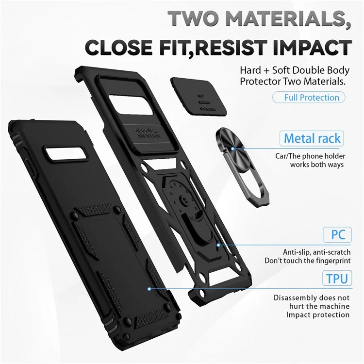 Custodia protettiva per fotocamera Slide per Samsung Galaxy S10 Plus, in PC + TPU antishock con supporto ad anello in metallo - Nero