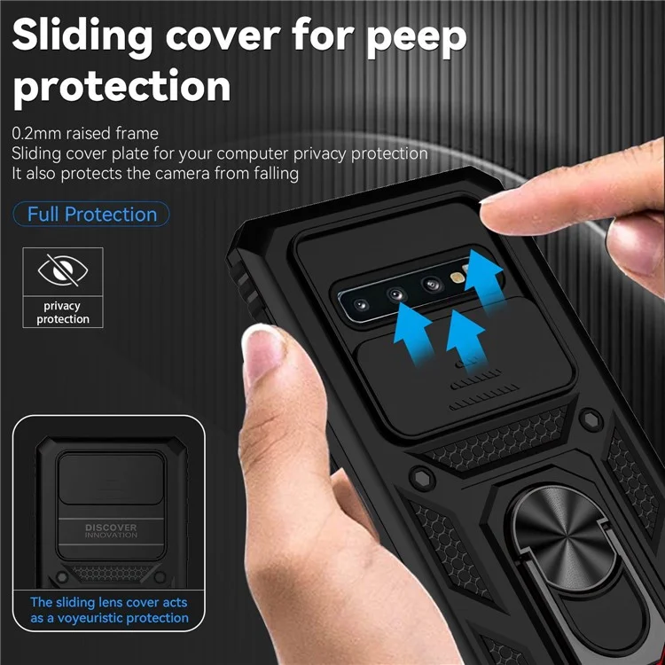 Custodia protettiva per fotocamera Slide per Samsung Galaxy S10 Plus, in PC + TPU antishock con supporto ad anello in metallo - Nero